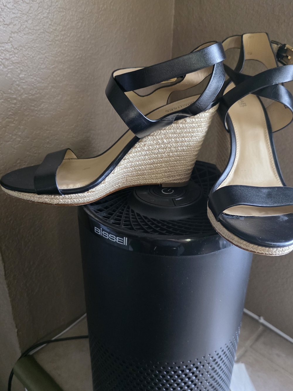 Michael Kors Black Crisscross Leather Wedge Sandals with Gold Buckles - Picture 5 of 5